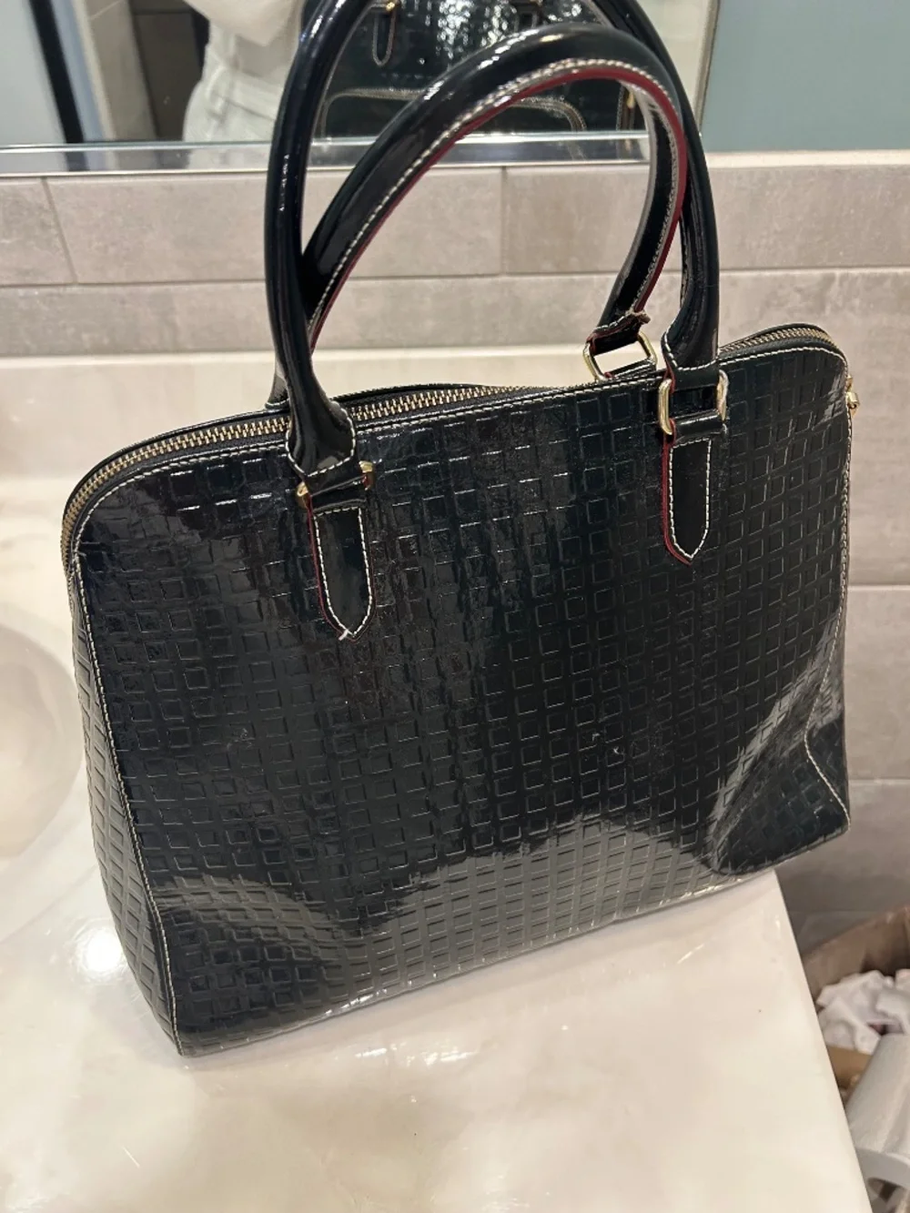 Quiet luxury Arcadia Italy black patent leather satchel work bag
